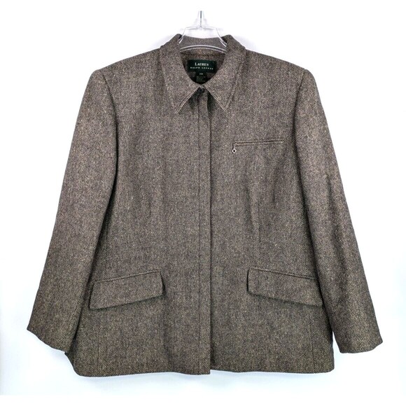 Lauren Ralph Lauren Womens 20W Wool Blazer Full Zip Brown Tweed Jacket VTG - Picture 1 of 12